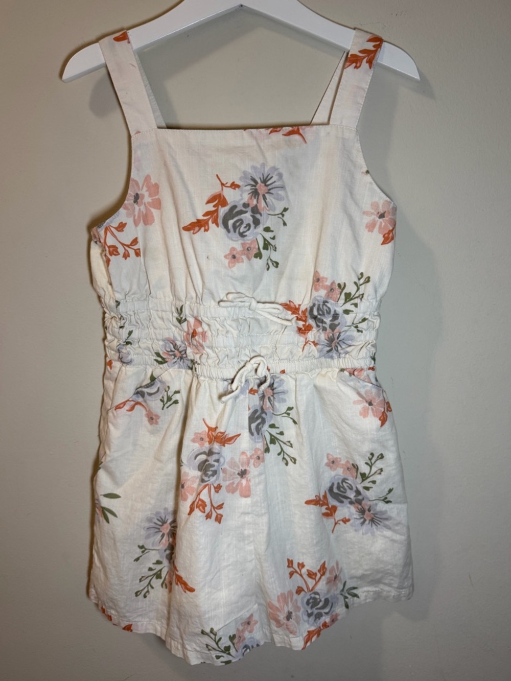 Cream Floral Summer Shortie Romper with Peach & Gray Blooms